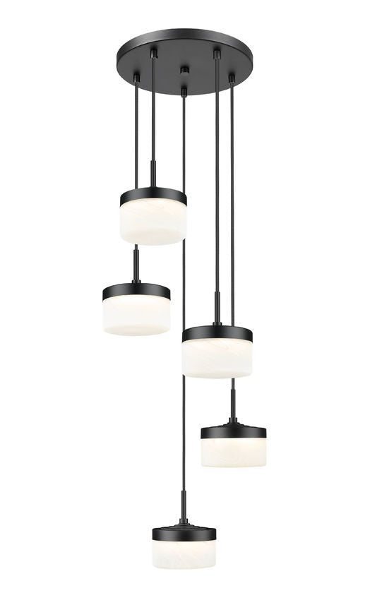 Z-Lite Renaud 16" 5-Light LED-Integrated Matte Black Steel Frame Feathered White Glass Shade Chandelier