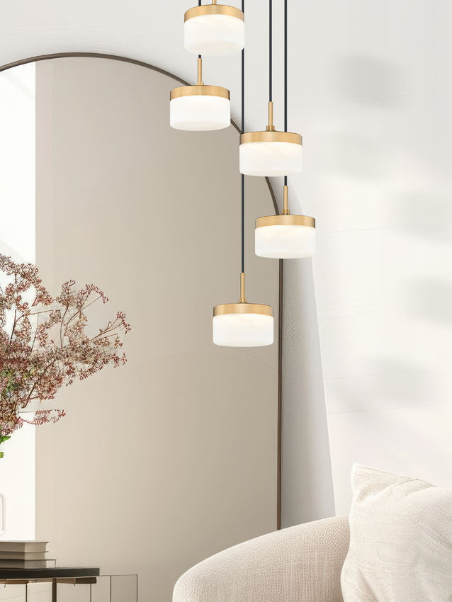 Z-Lite Renaud 16" 5-Light LED-Integrated Modern Gold Steel Frame Feathered White Glass Shade Chandelier
