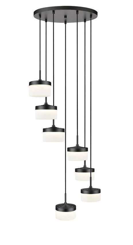 Z-Lite Renaud 21" 7-Light LED-Integrated Matte Black Steel Frame Feathered White Glass Shade Chandelier