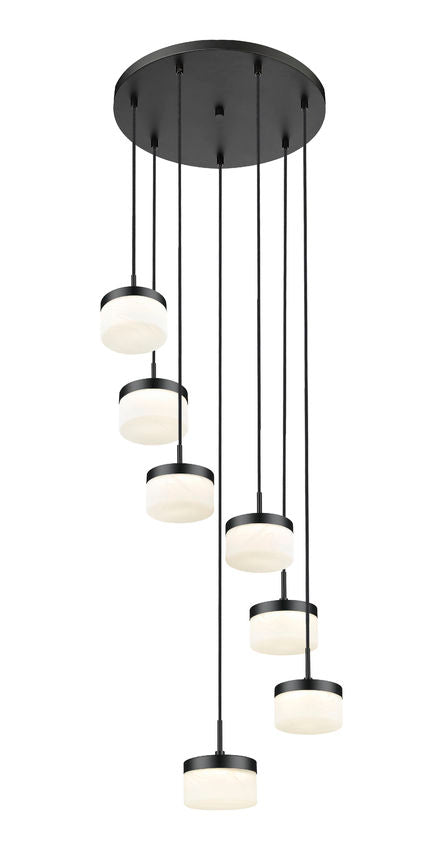Z-Lite Renaud 21" 7-Light LED-Integrated Matte Black Steel Frame Feathered White Glass Shade Chandelier