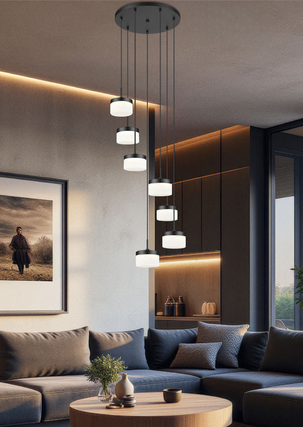 Z-Lite Renaud 21" 7-Light LED-Integrated Matte Black Steel Frame Feathered White Glass Shade Chandelier