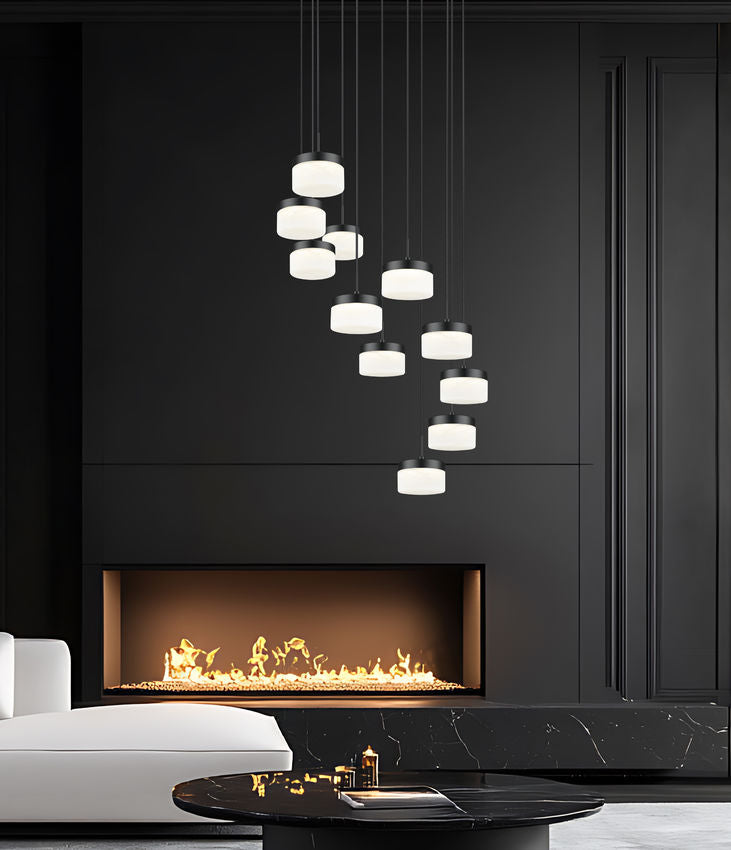 Z-Lite Renaud 28" 11-Light LED-Integrated Matte Black Steel Frame Feathered White Glass Shade Chandelier
