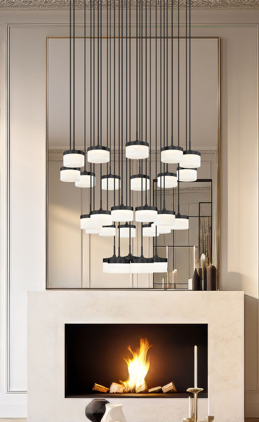 Z-Lite Renaud 41" 27-Light LED-Integrated Matte Black Steel Frame Feathered White Glass Shade Chandelier