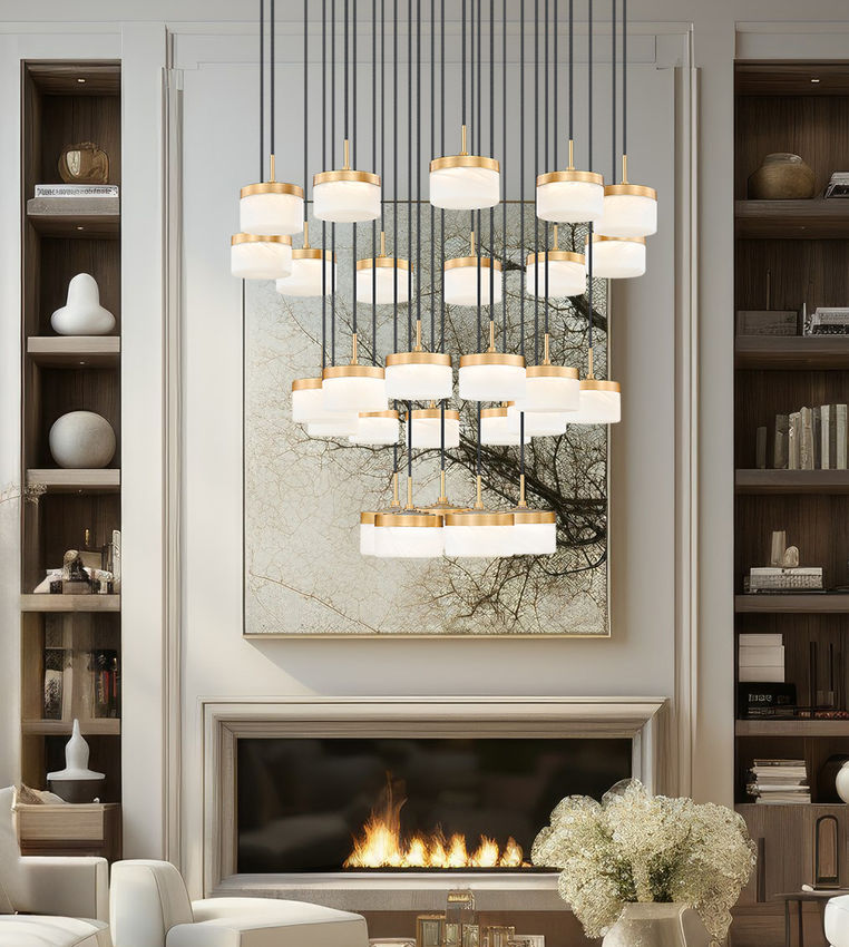 Z-Lite Renaud 41" 27-Light LED-Integrated Modern Gold Steel Frame Feathered White Glass Shade Chandelier