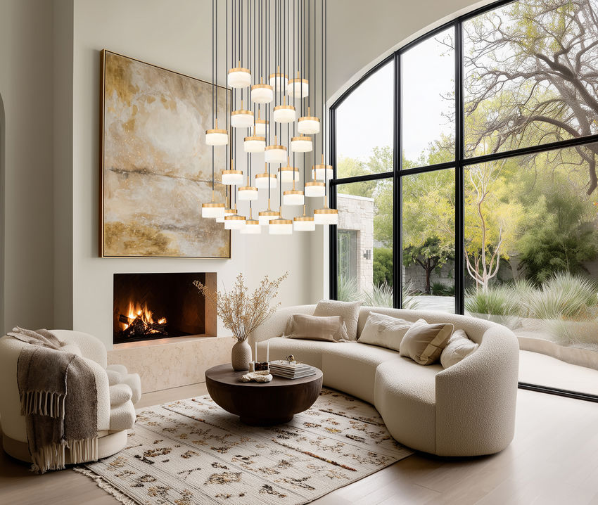 Z-Lite Renaud 41" 27-Light LED-Integrated Modern Gold Steel Frame Feathered White Glass Shade Chandelier