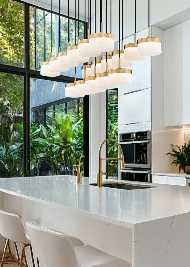 Z-Lite Renaud 47" 17-Light LED-Integrated Modern Gold Steel Frame Feathered White Glass Shade Linear Chandelier
