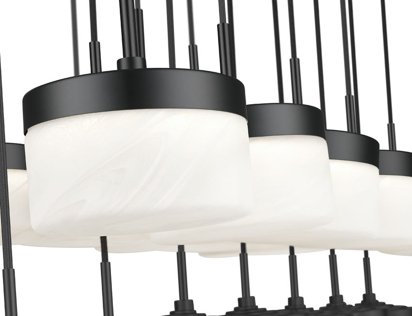 Z-Lite Renaud 59" 23-Light LED-Integrated Matte Black Steel Frame Feathered White Glass Shade Linear Chandelier