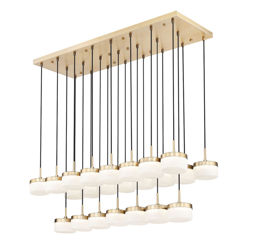 Z-Lite Renaud 59" 23-Light LED-Integrated Modern Gold Steel Frame Feathered White Glass Shade Linear Chandelier