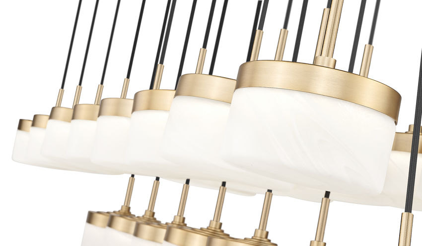 Z-Lite Renaud 59" 23-Light LED-Integrated Modern Gold Steel Frame Feathered White Glass Shade Linear Chandelier
