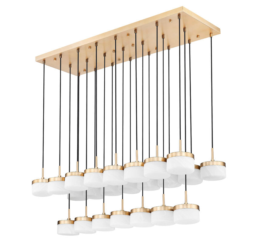 Z-Lite Renaud 59" 23-Light LED-Integrated Modern Gold Steel Frame Feathered White Glass Shade Linear Chandelier