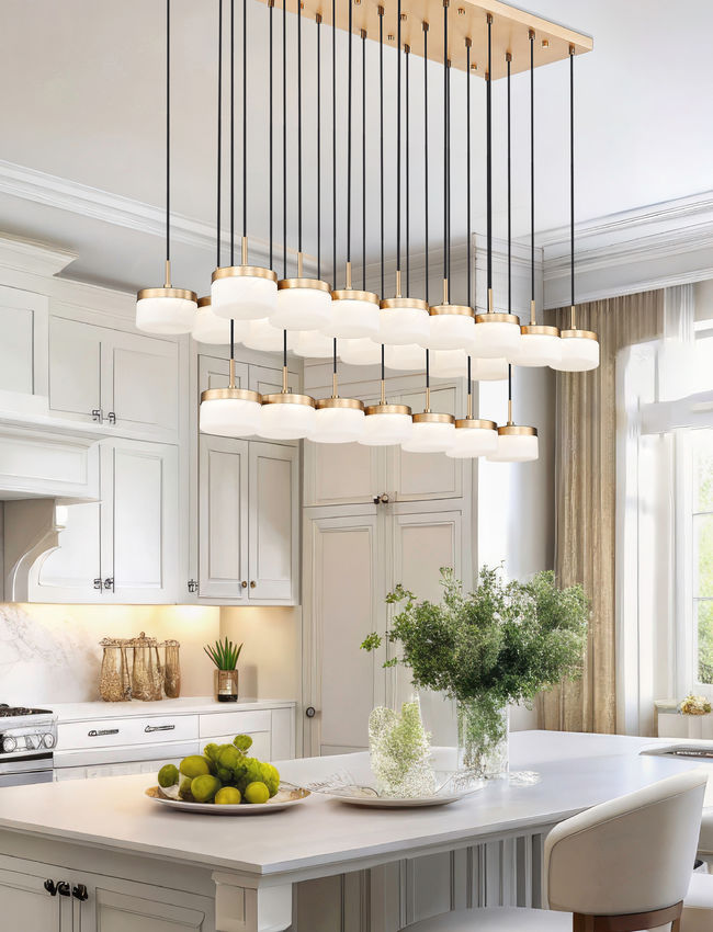 Z-Lite Renaud 59" 23-Light LED-Integrated Modern Gold Steel Frame Feathered White Glass Shade Linear Chandelier