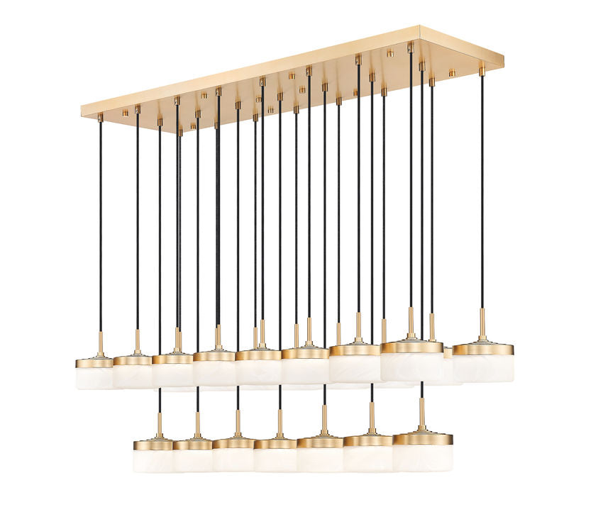 Z-Lite Renaud 59" 23-Light LED-Integrated Modern Gold Steel Frame Feathered White Glass Shade Linear Chandelier