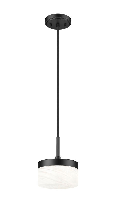 Z-Lite Renaud 7" 1-Light LED-Integrated Matte Black Steel Frame Feathered White Glass Shade Pendant Light