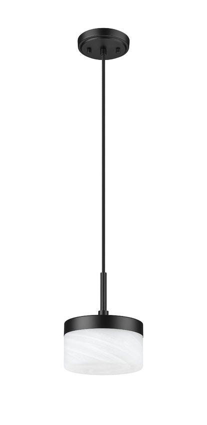 Z-Lite Renaud 7" 1-Light LED-Integrated Matte Black Steel Frame Feathered White Glass Shade Pendant Light