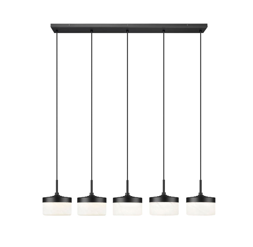 Z-Lite Renaud 7" 5-Light LED-Integrated Matte Black Steel Frame Feathered White Glass Shade Linear Chandelier