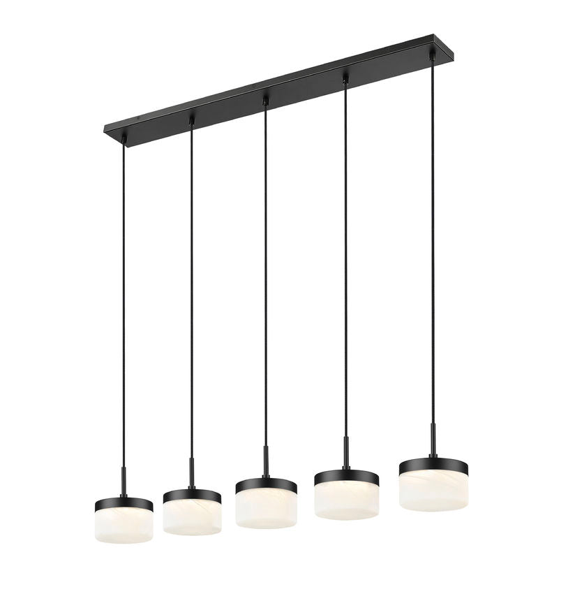 Z-Lite Renaud 7" 5-Light LED-Integrated Matte Black Steel Frame Feathered White Glass Shade Linear Chandelier