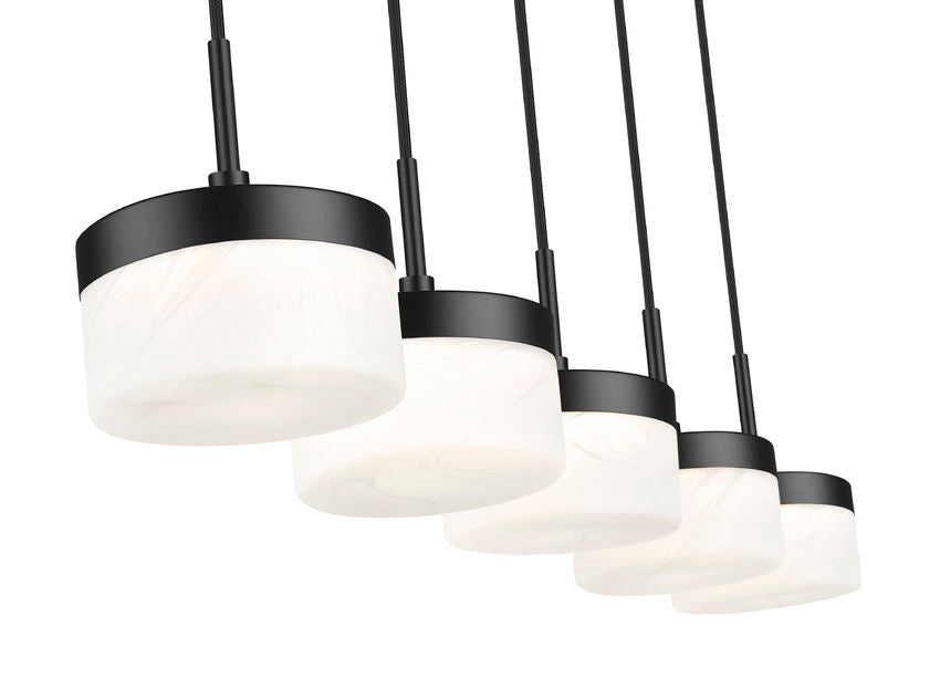 Z-Lite Renaud 7" 5-Light LED-Integrated Matte Black Steel Frame Feathered White Glass Shade Linear Chandelier