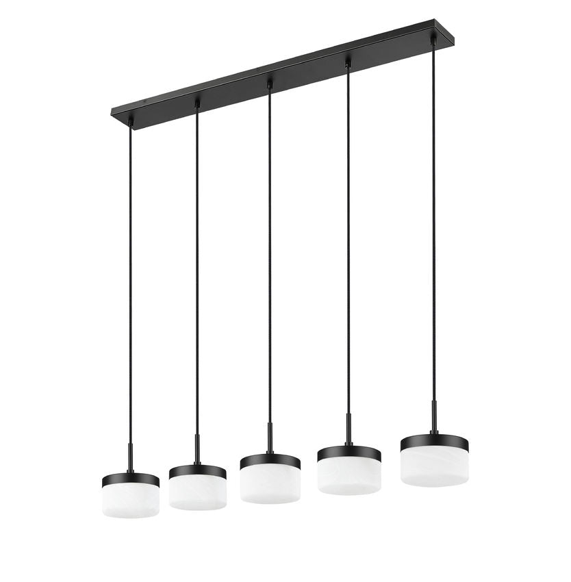 Z-Lite Renaud 7" 5-Light LED-Integrated Matte Black Steel Frame Feathered White Glass Shade Linear Chandelier