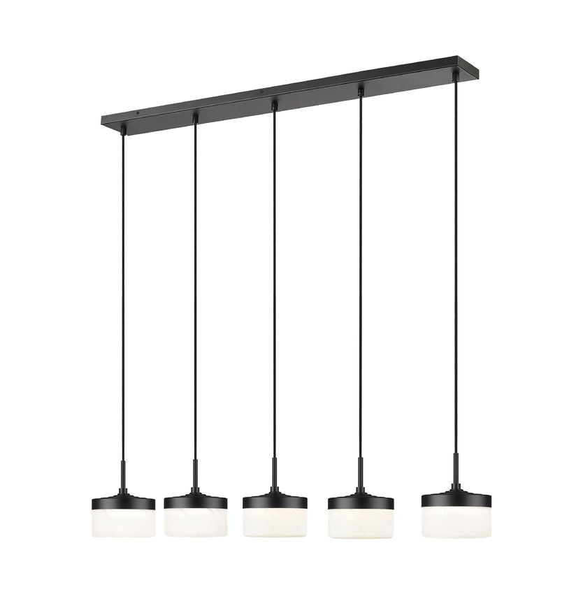 Z-Lite Renaud 7" 5-Light LED-Integrated Matte Black Steel Frame Feathered White Glass Shade Linear Chandelier