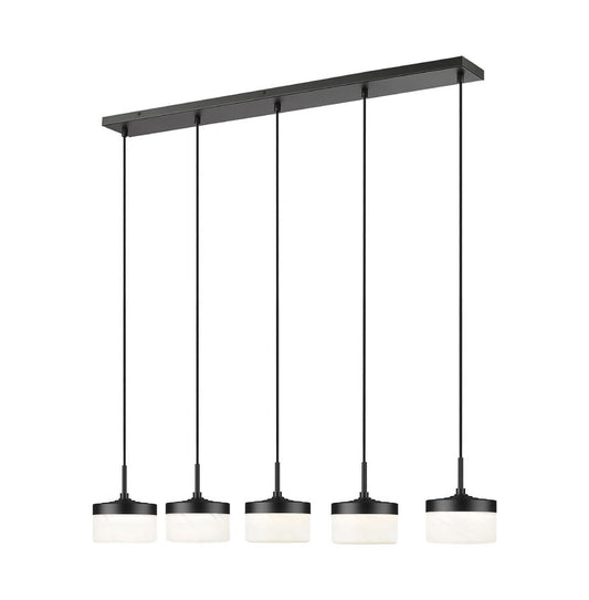 Z-Lite Renaud 7" 5-Light LED-Integrated Matte Black Steel Frame Feathered White Glass Shade Linear Chandelier