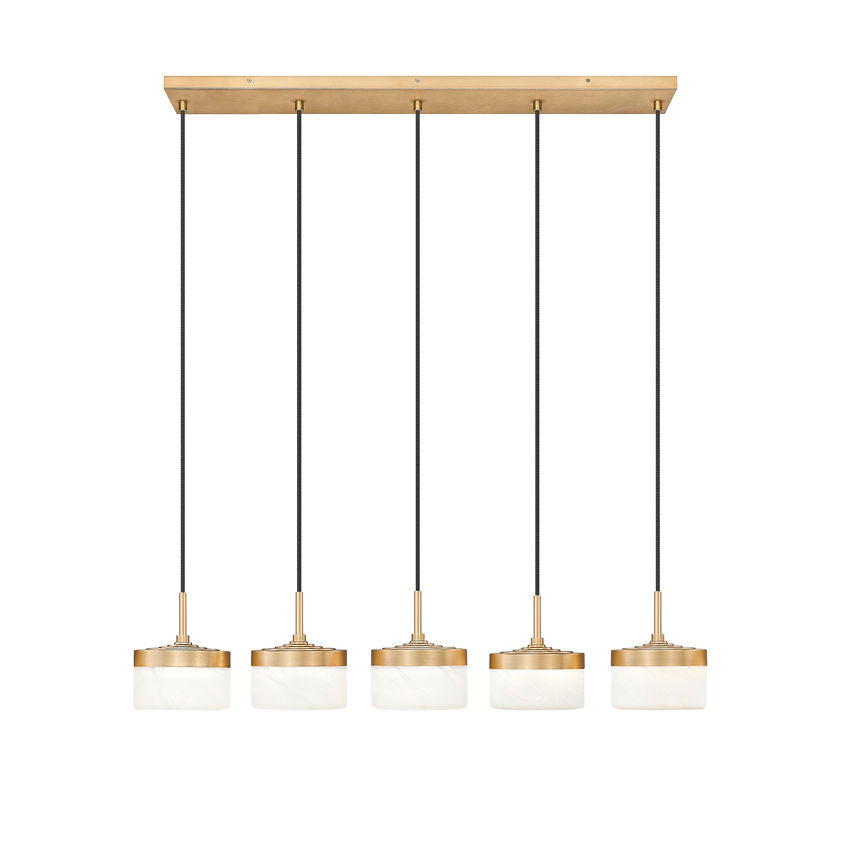 Z-Lite Renaud 7" 5-Light LED-Integrated Modern Gold Steel Frame Feathered White Glass Shade Linear Chandelier