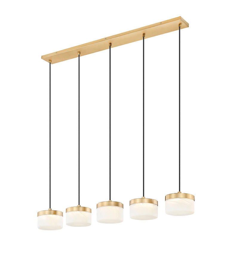 Z-Lite Renaud 7" 5-Light LED-Integrated Modern Gold Steel Frame Feathered White Glass Shade Linear Chandelier