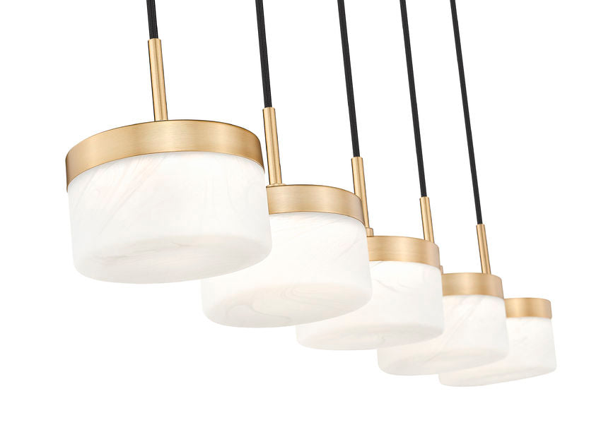 Z-Lite Renaud 7" 5-Light LED-Integrated Modern Gold Steel Frame Feathered White Glass Shade Linear Chandelier