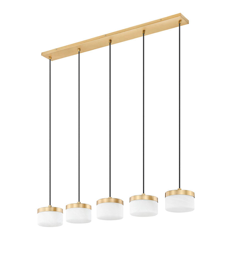 Z-Lite Renaud 7" 5-Light LED-Integrated Modern Gold Steel Frame Feathered White Glass Shade Linear Chandelier