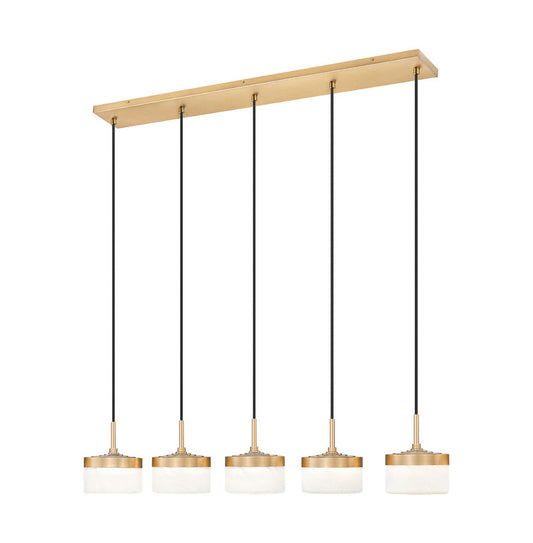 Z-Lite Renaud 7" 5-Light LED-Integrated Modern Gold Steel Frame Feathered White Glass Shade Linear Chandelier