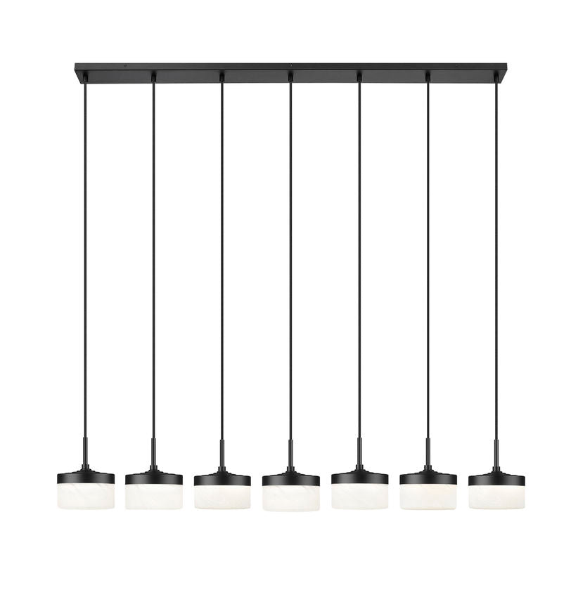 Z-Lite Renaud 7" 7-Light LED-Integrated Matte Black Steel Frame Feathered White Glass Shade Linear Chandelier