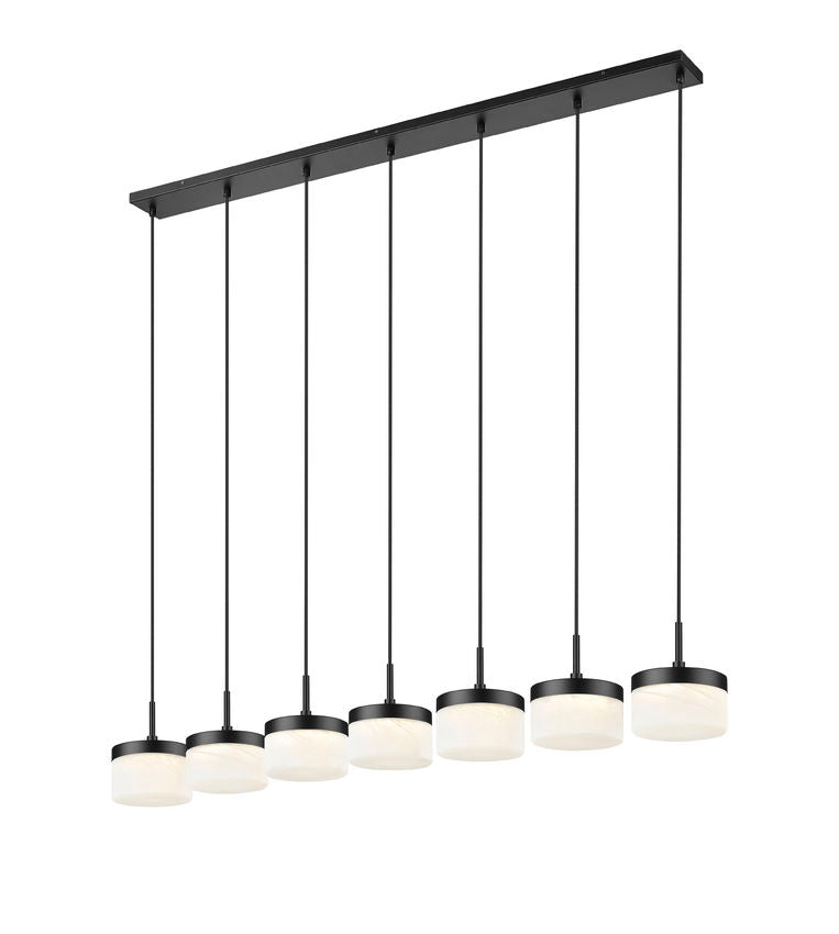 Z-Lite Renaud 7" 7-Light LED-Integrated Matte Black Steel Frame Feathered White Glass Shade Linear Chandelier