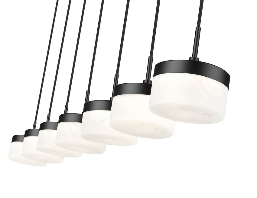 Z-Lite Renaud 7" 7-Light LED-Integrated Matte Black Steel Frame Feathered White Glass Shade Linear Chandelier