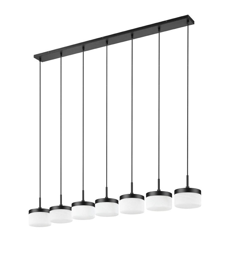 Z-Lite Renaud 7" 7-Light LED-Integrated Matte Black Steel Frame Feathered White Glass Shade Linear Chandelier