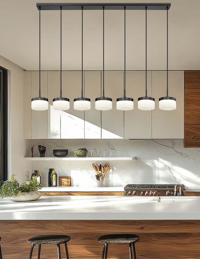 Z-Lite Renaud 7" 7-Light LED-Integrated Matte Black Steel Frame Feathered White Glass Shade Linear Chandelier