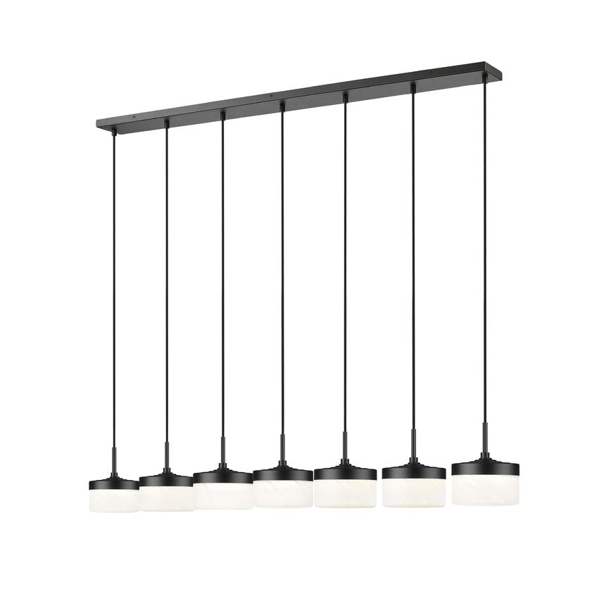 Z-Lite Renaud 7" 7-Light LED-Integrated Matte Black Steel Frame Feathered White Glass Shade Linear Chandelier