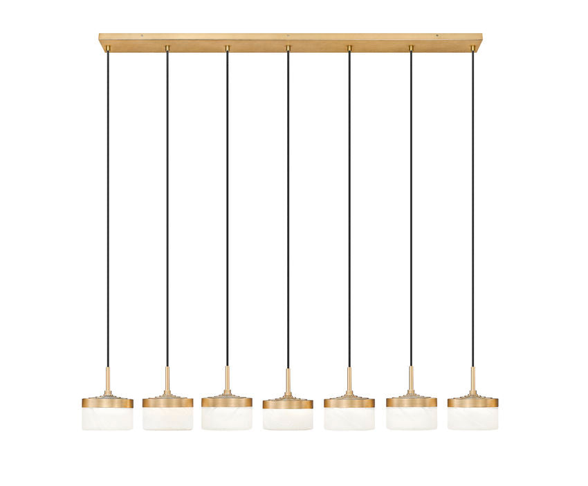 Z-Lite Renaud 7" 7-Light LED-Integrated Modern Gold Steel Frame Feathered White Glass Shade Linear Chandelier