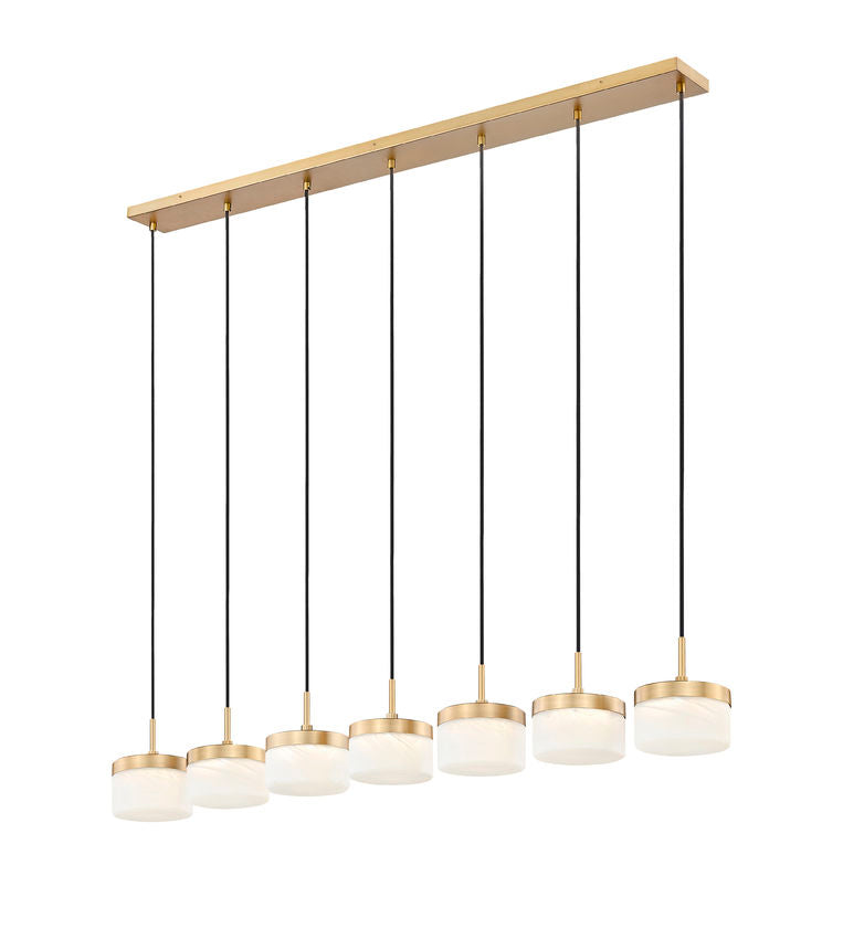 Z-Lite Renaud 7" 7-Light LED-Integrated Modern Gold Steel Frame Feathered White Glass Shade Linear Chandelier