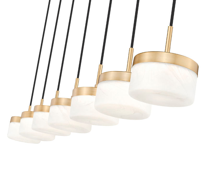Z-Lite Renaud 7" 7-Light LED-Integrated Modern Gold Steel Frame Feathered White Glass Shade Linear Chandelier