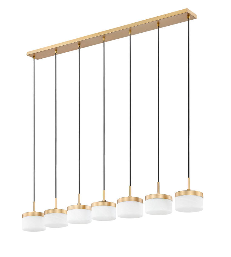 Z-Lite Renaud 7" 7-Light LED-Integrated Modern Gold Steel Frame Feathered White Glass Shade Linear Chandelier