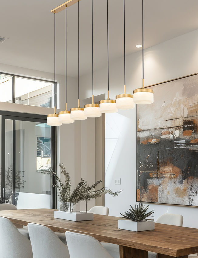 Z-Lite Renaud 7" 7-Light LED-Integrated Modern Gold Steel Frame Feathered White Glass Shade Linear Chandelier