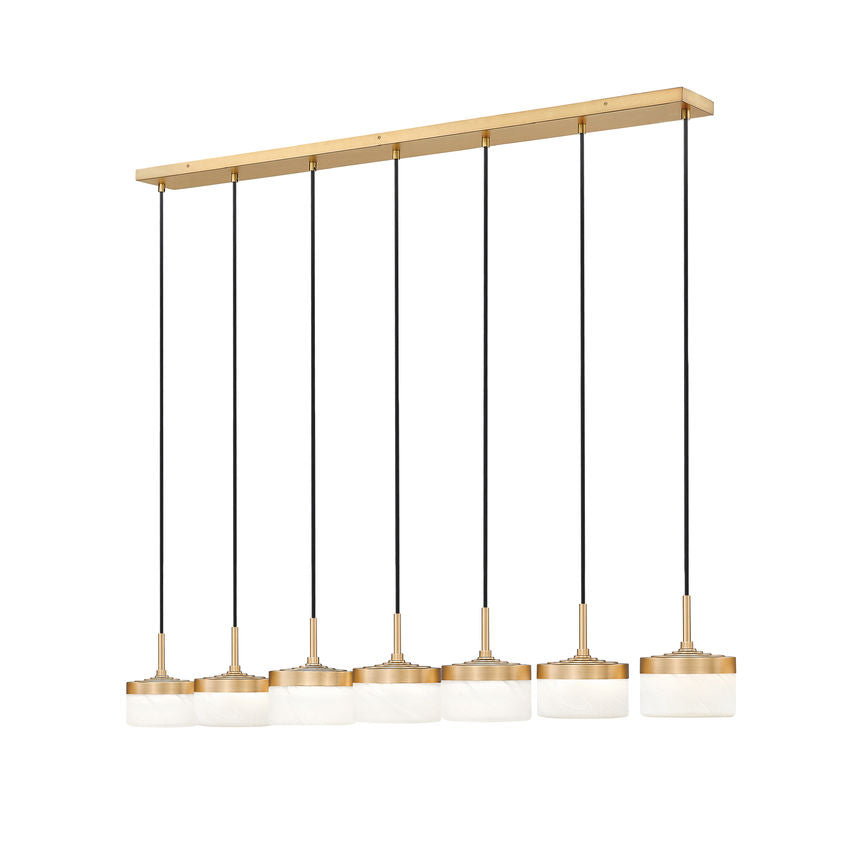 Z-Lite Renaud 7" 7-Light LED-Integrated Modern Gold Steel Frame Feathered White Glass Shade Linear Chandelier