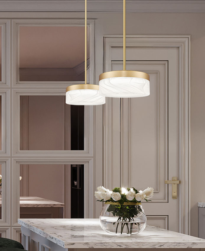 Z-Lite Renaud 9" 1-Light LED-Integrated Modern Gold Steel Frame Feathered White Glass Shade Pendant Light