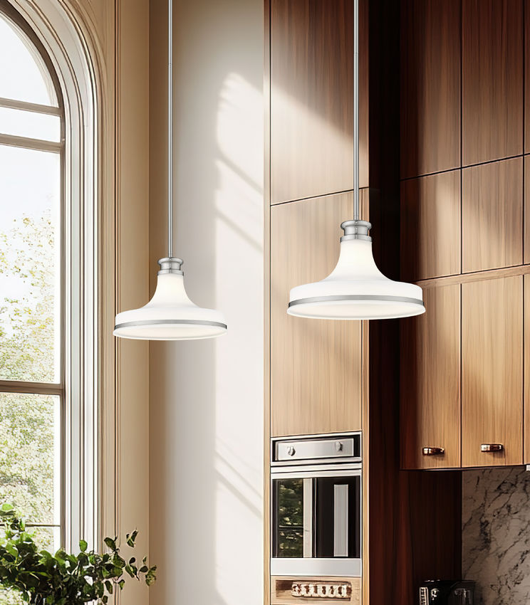 Z-Lite Reznor 12" 1-Light Brushed Nickel Steel Frame Matte Opal Glass Shade Pendant Light