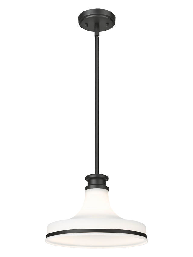 Z-Lite Reznor 12" 1-Light Matte Black Steel Frame Matte Opal Glass Shade Pendant Light