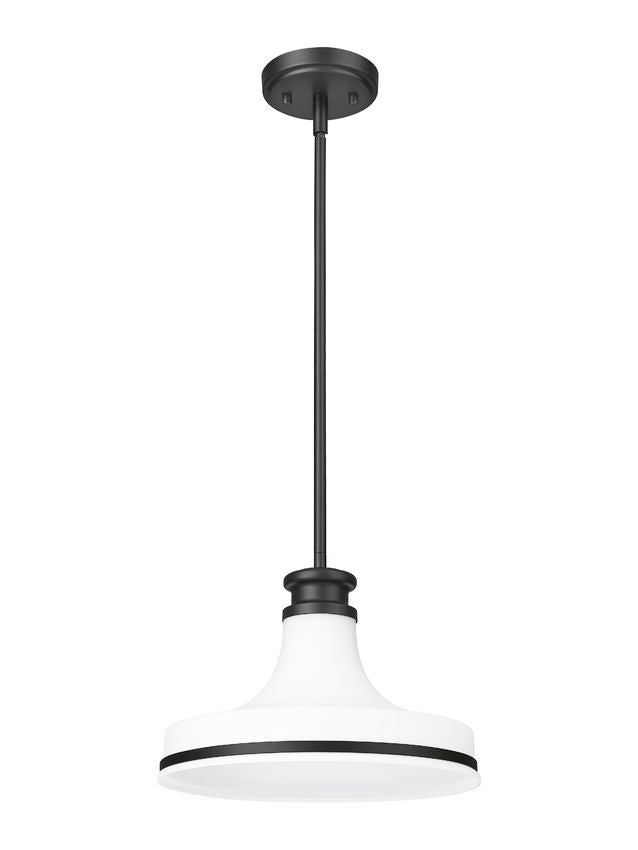 Z-Lite Reznor 12" 1-Light Matte Black Steel Frame Matte Opal Glass Shade Pendant Light