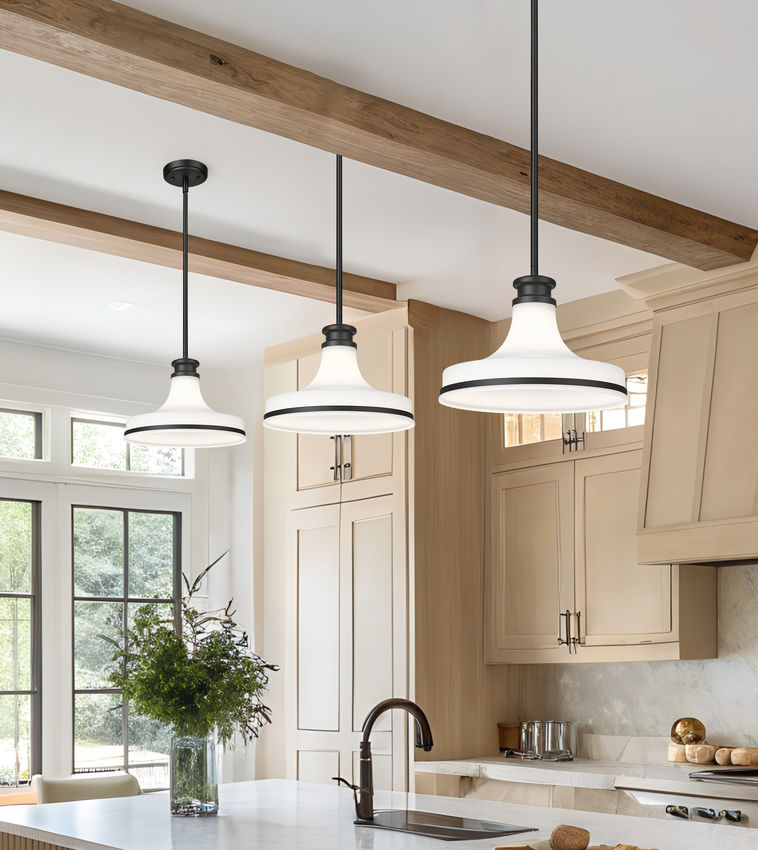 Z-Lite Reznor 12" 1-Light Matte Black Steel Frame Matte Opal Glass Shade Pendant Light