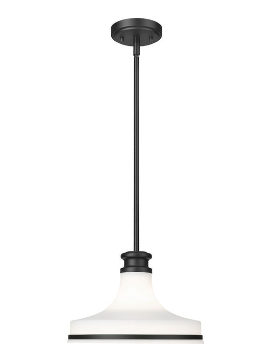 Z-Lite Reznor 12" 1-Light Matte Black Steel Frame Matte Opal Glass Shade Pendant Light