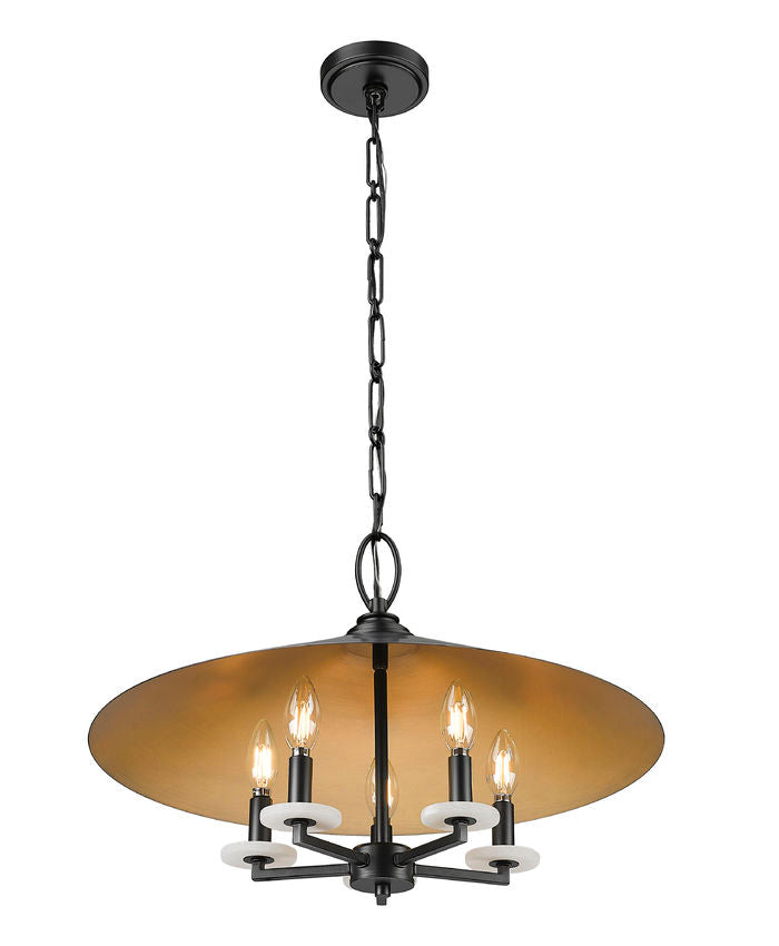 Z-Lite Rialto 22" 5-Light Candelabra Matte Black Steel With Signature Rubbed Brass Inner Shade Pendant Light