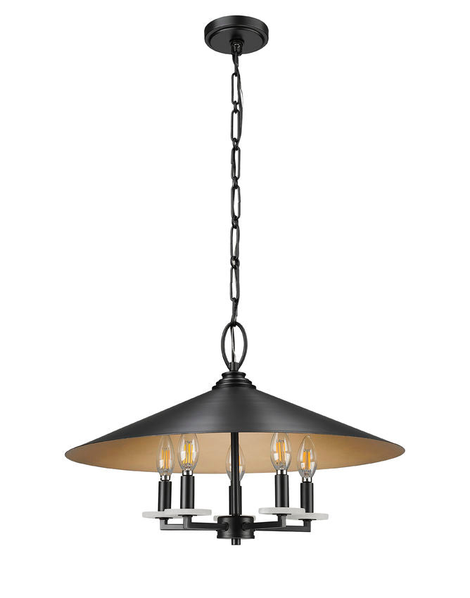 Z-Lite Rialto 22" 5-Light Candelabra Matte Black Steel With Signature Rubbed Brass Inner Shade Pendant Light