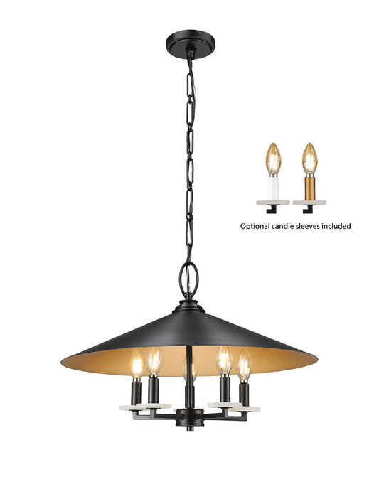 Z-Lite Rialto 22" 5-Light Candelabra Matte Black Steel With Signature Rubbed Brass Inner Shade Pendant Light